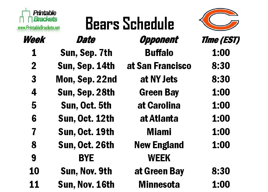 Printable Bears Schedule