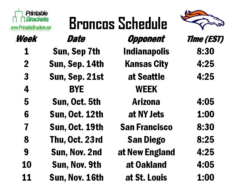 Broncos Printable Schedule