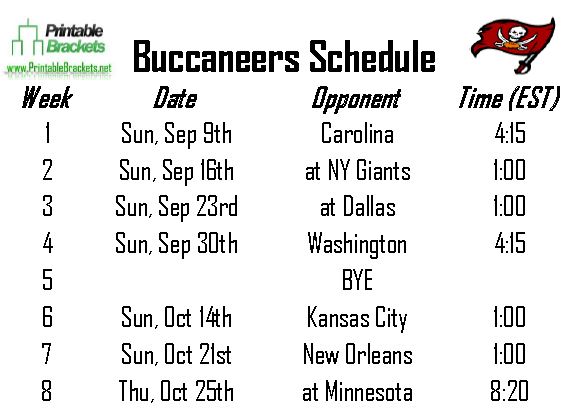 Buccaneers Schedule Tampa Bay Buccaneers Schedule Printable Brackets