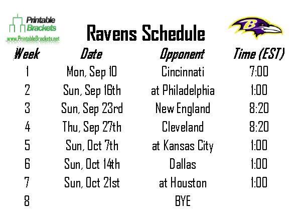 Ravens Schedule Baltimore Ravens Schedule Printable Brackets