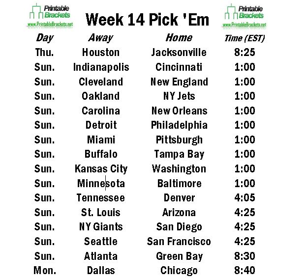 Printable Week 14 Nfl Schedule Customize and Print