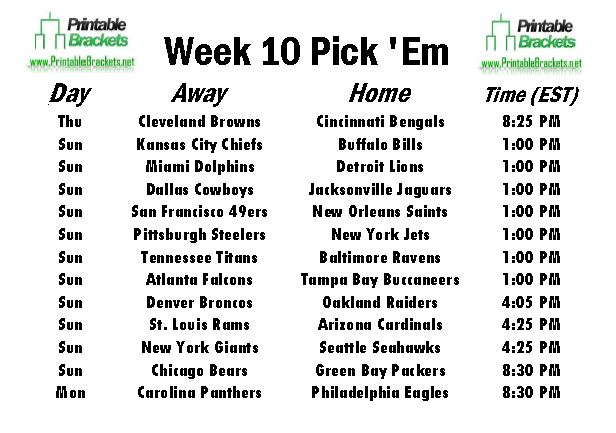 Printable NFL Weekly Pick 'Em Sheets for Week 17