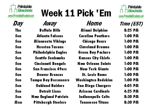 NFL Pick Em Week 11 sheet