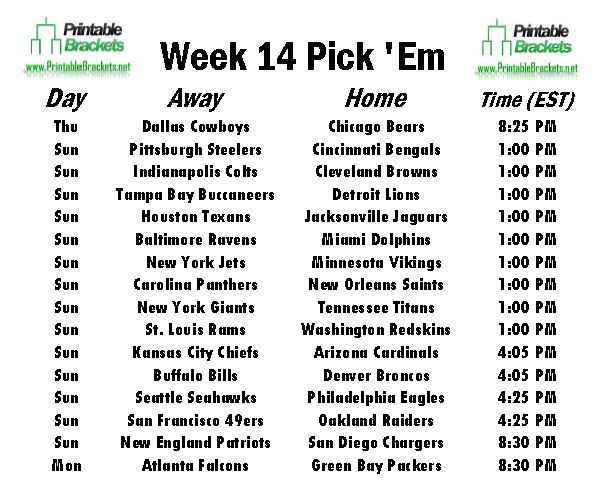 NFL Pick Em Week 14 sheet