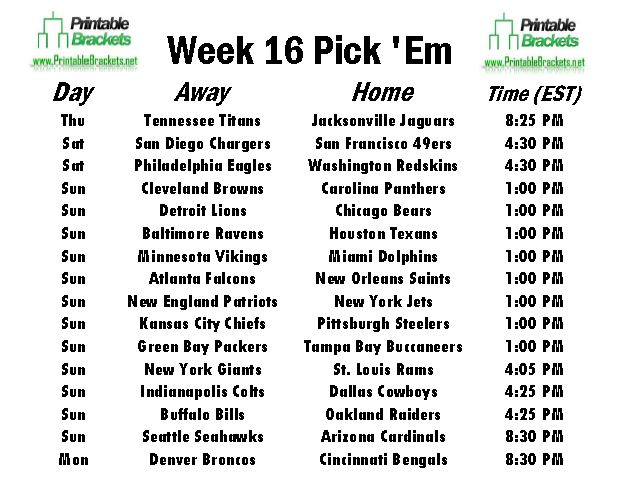 NFL Pick Em Week 16 sheet