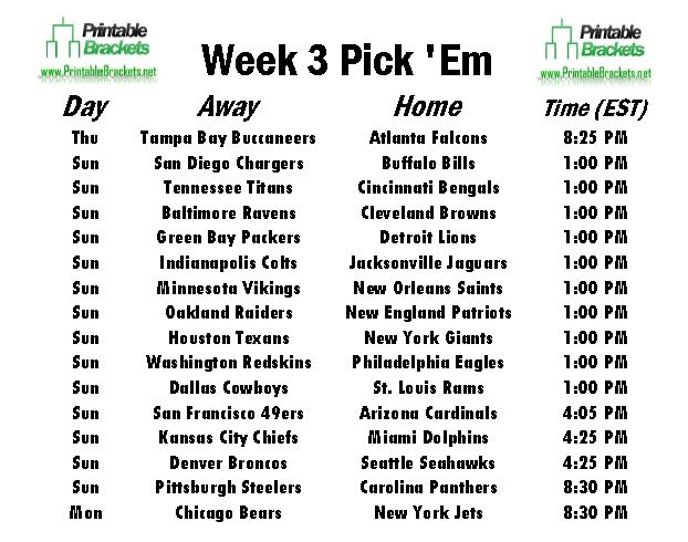 NFL Pick Em Week 3 sheet