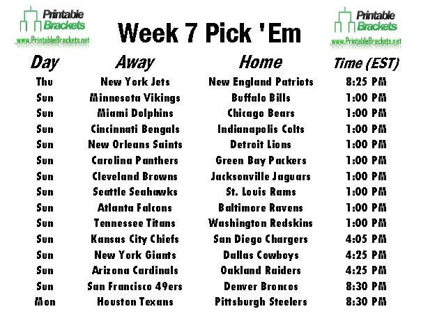 NFL Pick Em Week 7 sheet
