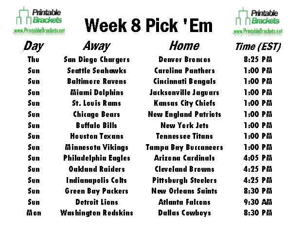 NFL Pick Em Week 8 sheet