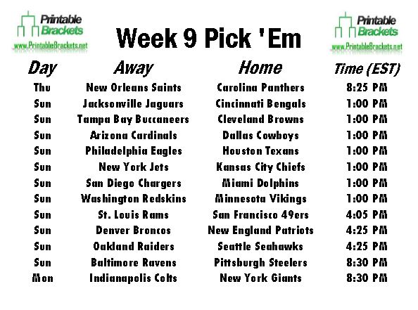 NFL Pick Em Week 9 sheet