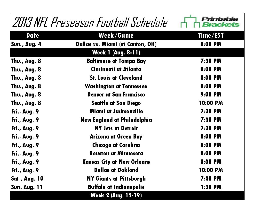 Screenshot of the NFL Preseason Schedule