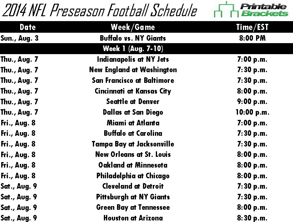 Printable 2014 NFL Preseason Schedule