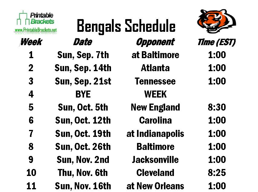 Cincinnati Bengals Printable Schedule