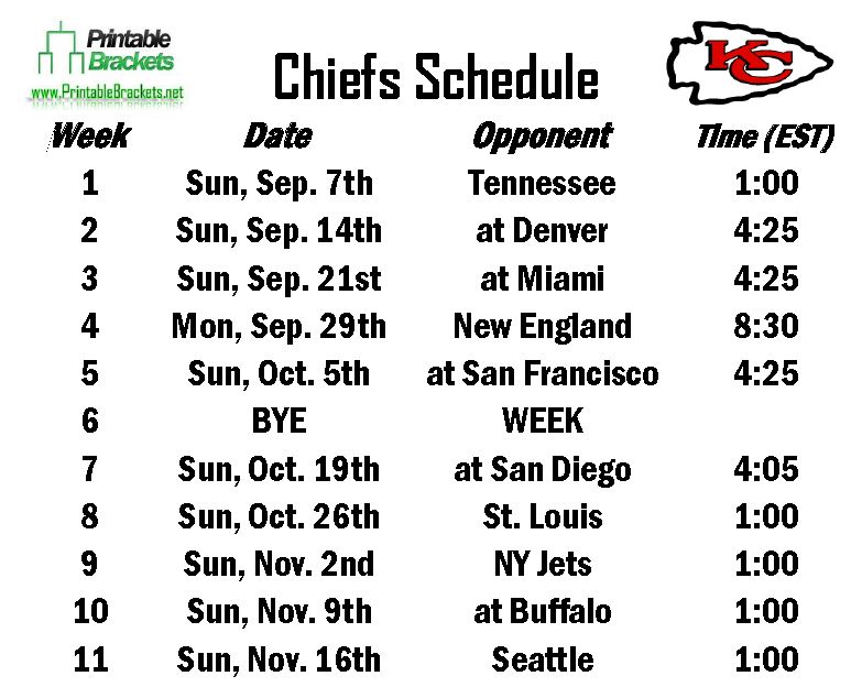 Printable Chiefs Schedule