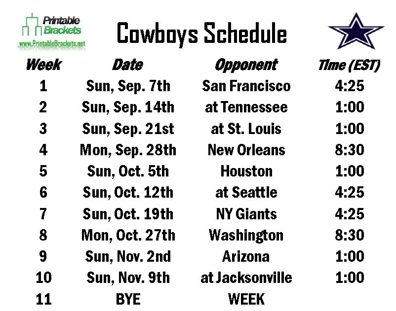 Printable Cowboys Schedule