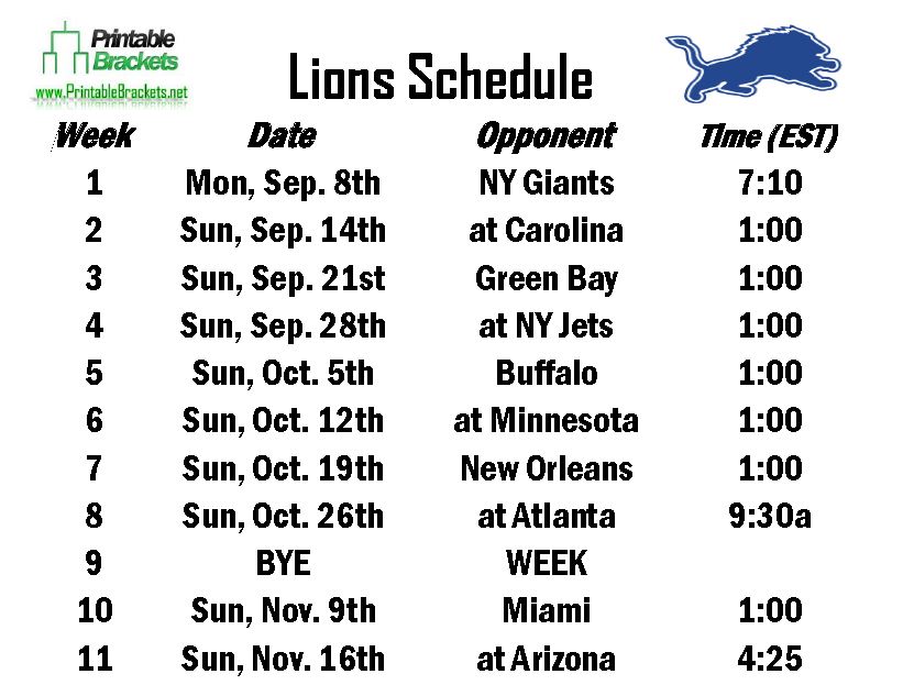 Printable Lions Schedule