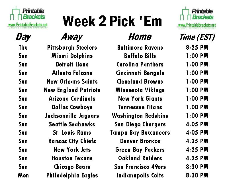 NFL Pick Em Week 2 sheet