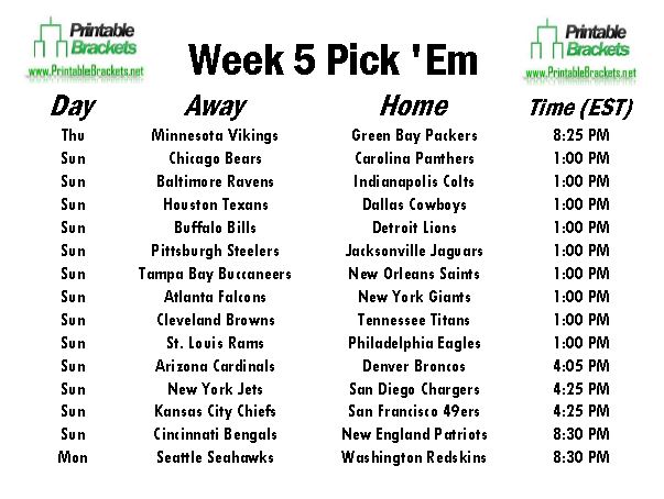 NFL Pick Em Week 5 sheet