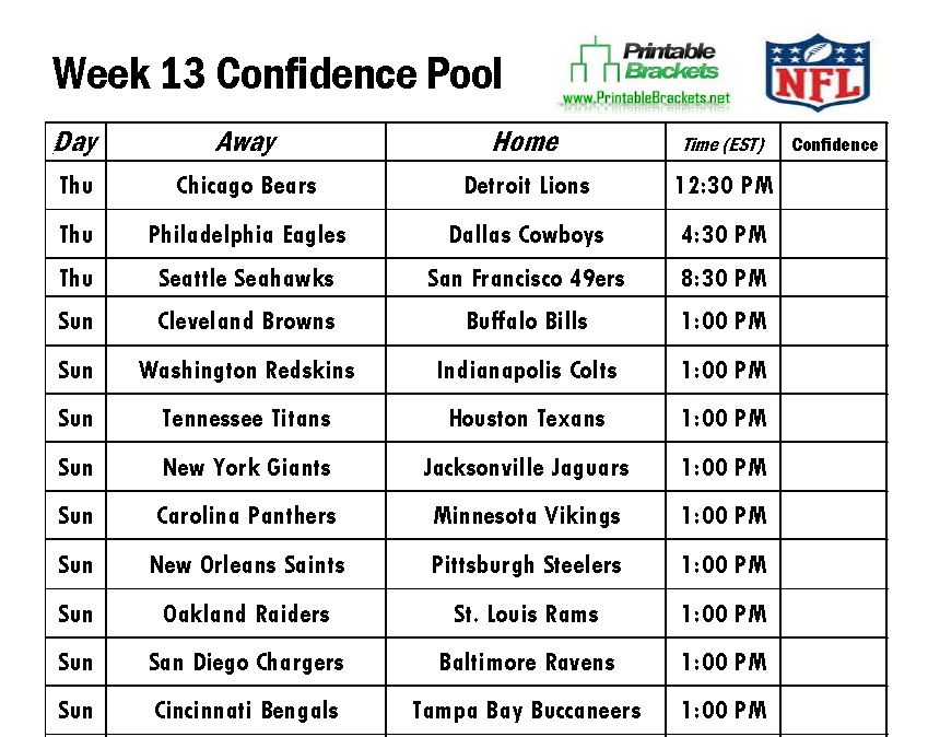 NFL Confidence Pool Week 13 sheet
