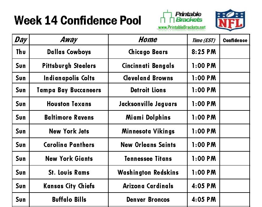 NFL Confidence Pool Week 14  Football Confidence Pool Week 14